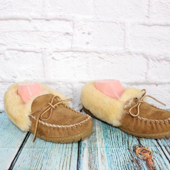 LL BEAN Brown Suede Shearling Lined Wicked Good Moccasin Slippers 10 M - Picture 3 of 9